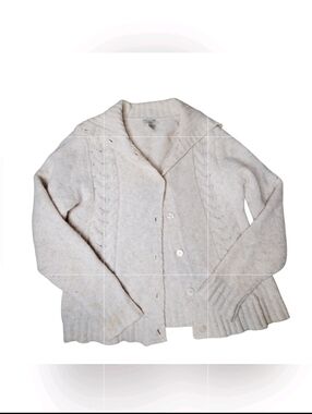 LL Bean Vintage Wool Blend Cable Knit Button Cardigan Cream Fisherman Cottage